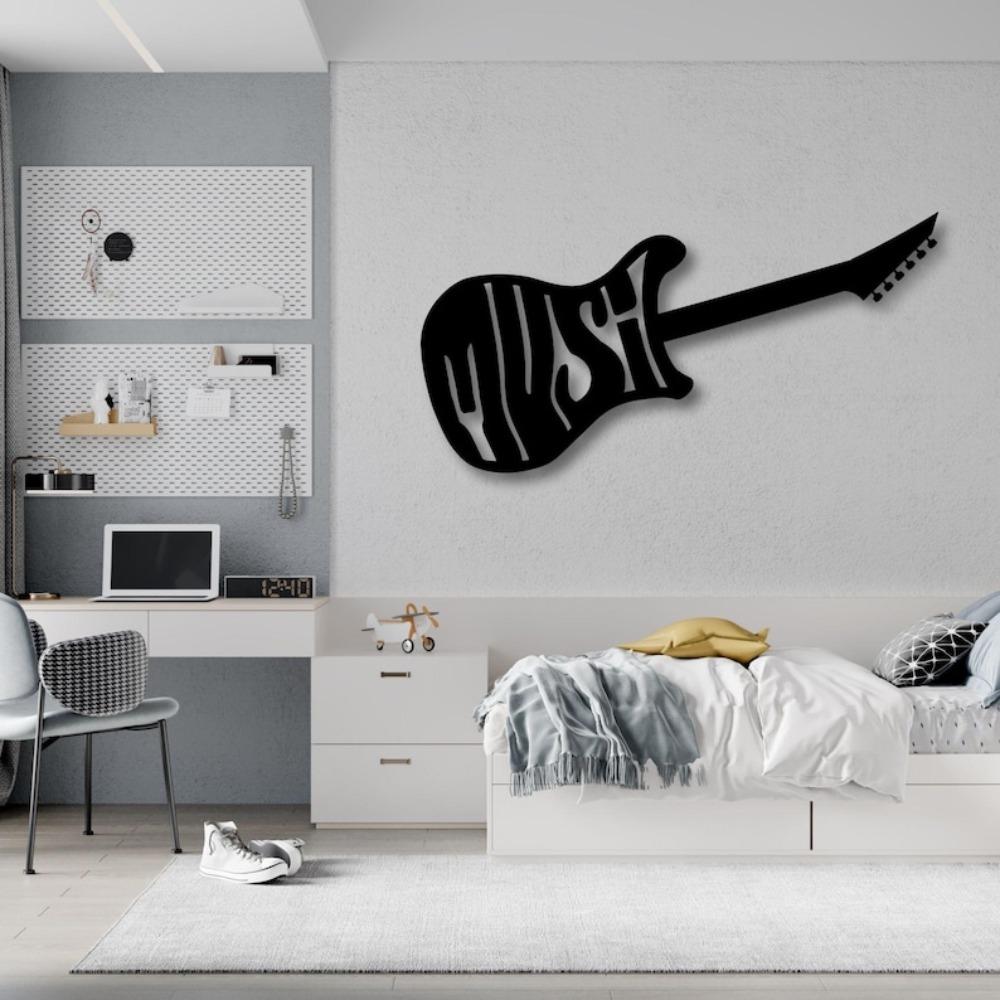 Modern Metal Guitar Wall Art Sculpture, Rock Star Musician Decor, Home Music Studio Decoration, Unique Gift for Music Lover, Black