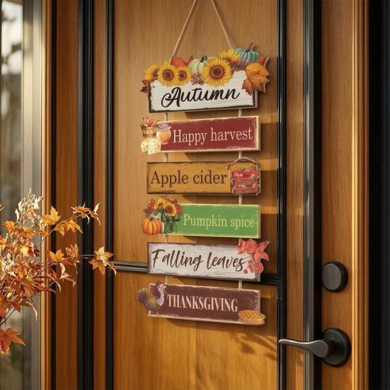 Rustic Fall Wall Decor, Vintage Wooden Hanging Sign with Sunflower, Pumpkin & Maple Leaf for Autumn Harvest Thanksgiving Home Decoration, Indoor