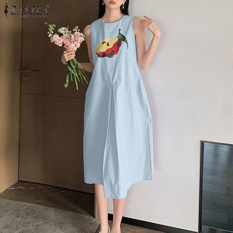 

ZANZEA Женское повседневное летнее платье без рукавов с принтом и круглым вырезом