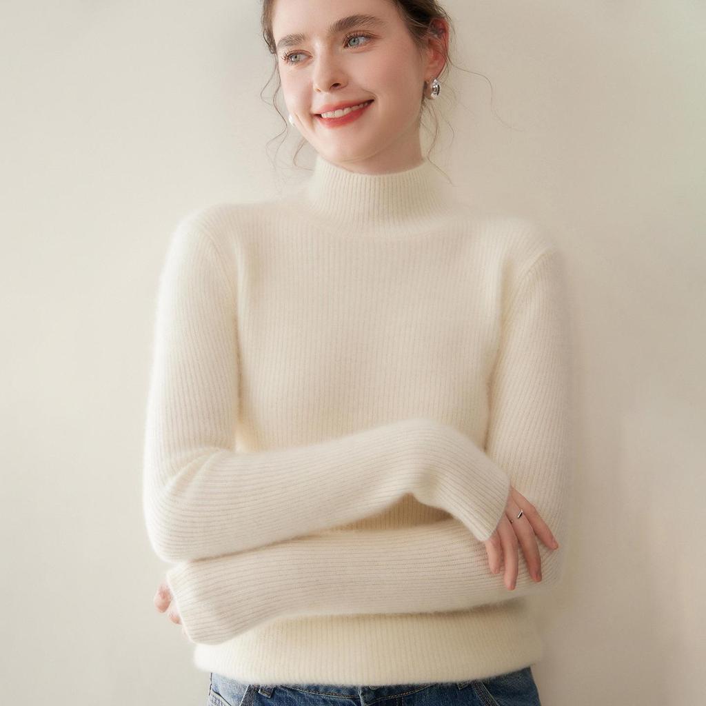 Women's Thickened Double-Strand Cashmere Sweater: Soft, Skin-Friendly, Ribbed, Slim-Fit, Solid Color, Half-High Collar, Flattering Knit Design.