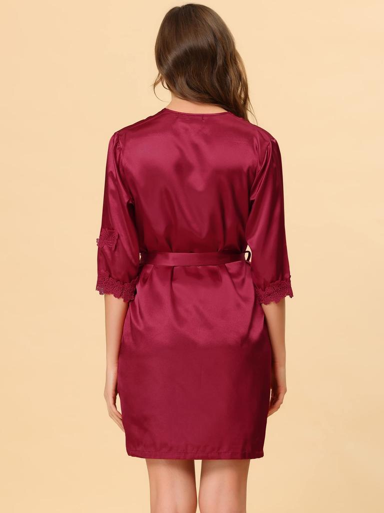 Cheibear Silk and Satin Pajama Lace Robe Medium Women's 4-Piece Set, Camisole, Nightgown, Set, Loungewear, Red,