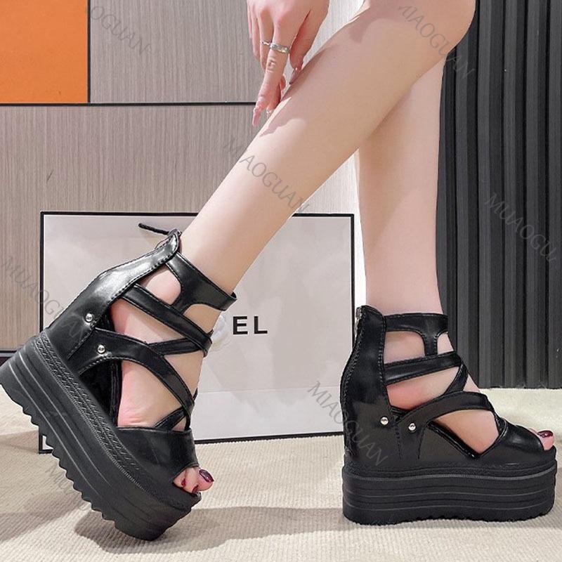 Fashion Wedges 13cm Super High Heels Sandals Thick Bottom Fashion Height Increase Cross Strap Fish Mouth Women's Shoes Casual Sandales