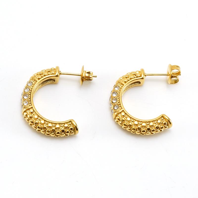 18K Geometric Retro Style Stud Earrings with Stainless Steel Diamond-Set Design for Women