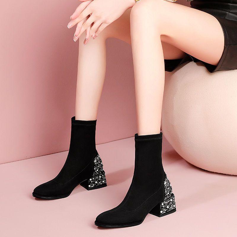 Fleece square head thick heel high heels women's autumn and winter 2025 new British wind and rhinestone suede elastic boots children