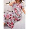 Große Größe, Rundhalsausschnitt, Kurzärmelig, Blaue Aprikosenblüte, Hauskleidung, Nachthemd, Kleid, Lässig, Bedruckte Damenbekleidung