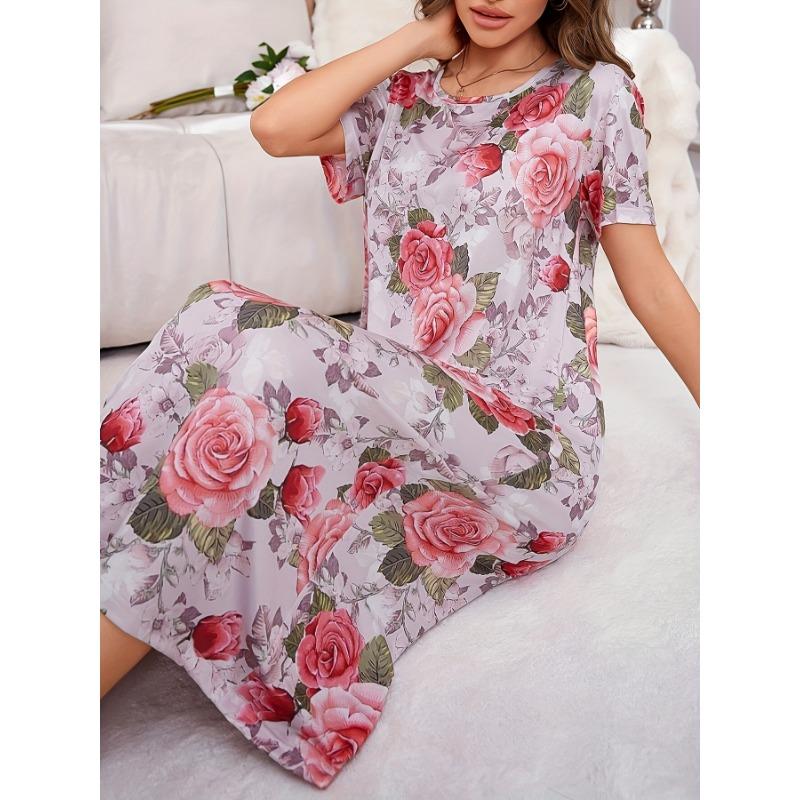 Velká velikost, Kulatý výstřih, Krátký rukáv, Modrý květ meruňky, Domácí oblečení, Noční košile, Šaty, Ležérní, Dámské oblečení s potiskem