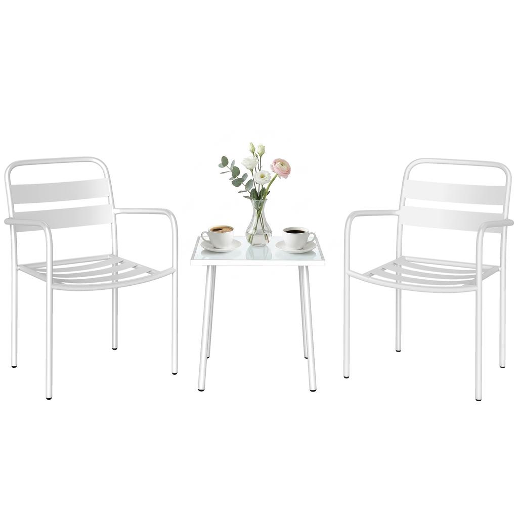 Bistro Set 3-Piece Metal Garden Furniture Set with 2 Garden Chairs, Glass Table, Slat Design, Rust-Resistant