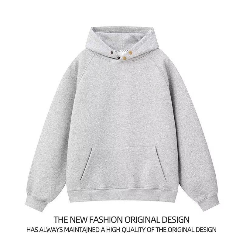Unisex American Button Hooded Heavyweight Sweatshirt, Autumn/Winter, Plus Velvet, Loose Fit, Trendy Extra Large