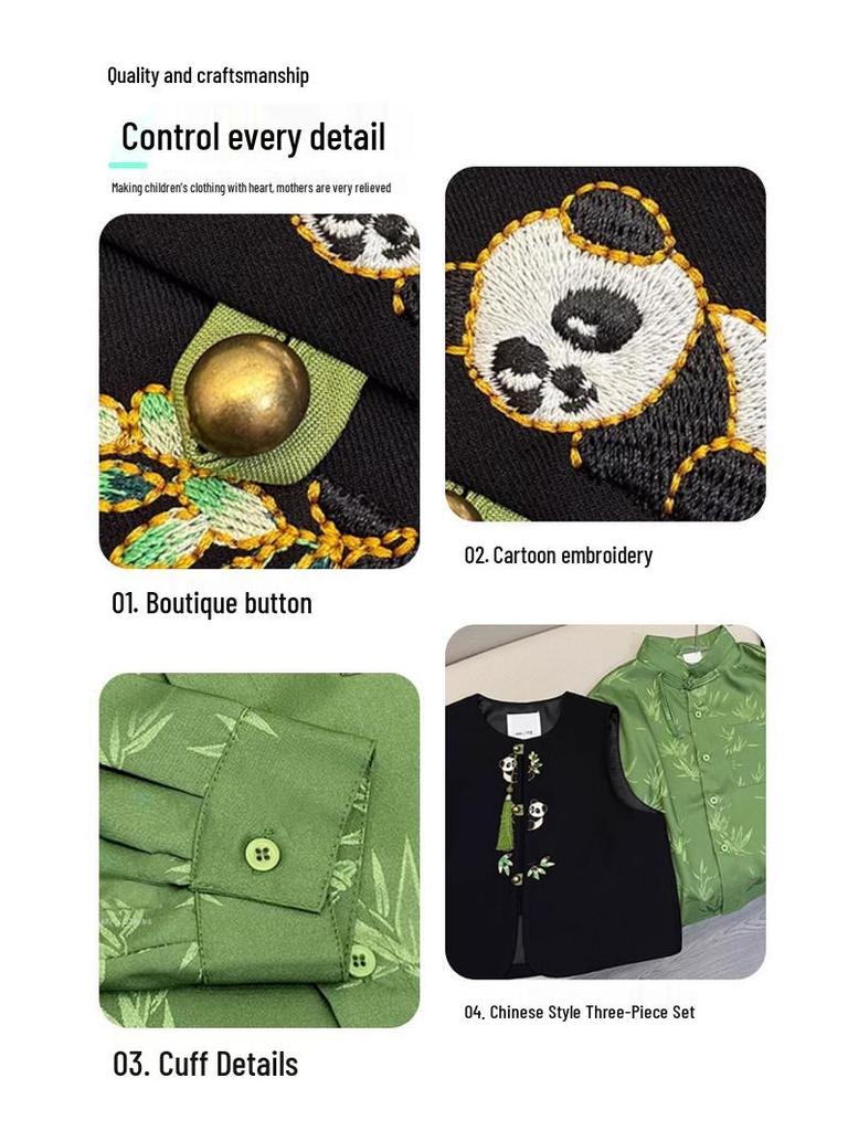 Traje Chinês Tang para Meninos Outono 2025: Conjunto de Camisa e Calça Bordada de Panda Estilo Antigo