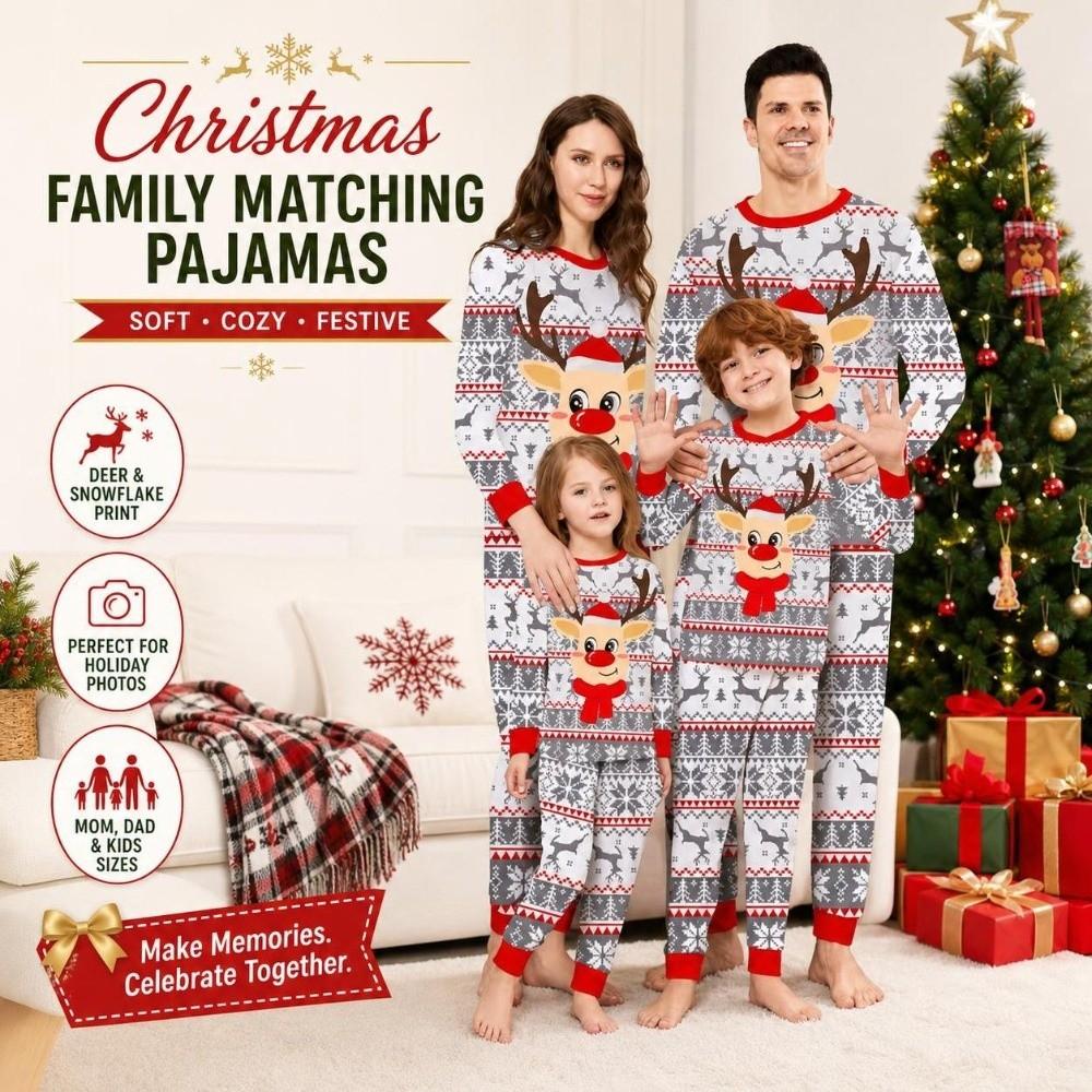 Xmas Deer Christmas Pyjamas Set Long Sleeve Top+Pants Soft Adult Kids Loungewear  Sleepwear