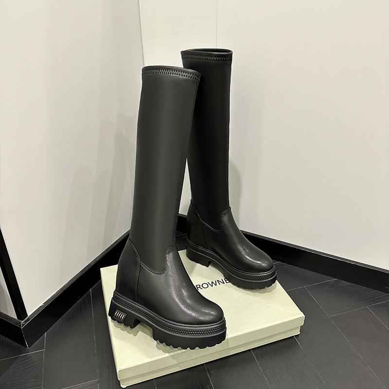 Boots women's autumn and winter new inner height increase elastic knight boots thick sole thin velvet but knee boots