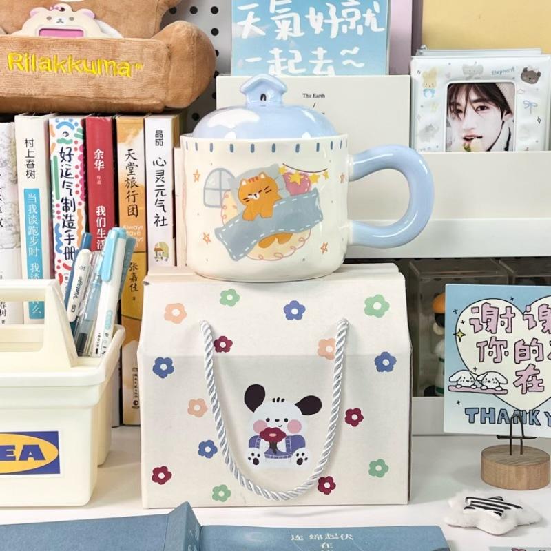 Cupa ceramică pisică drăguță de desene animate cu capac cuplu băiat și fată cană de birou cupă de băut cadou de ziua de naștere