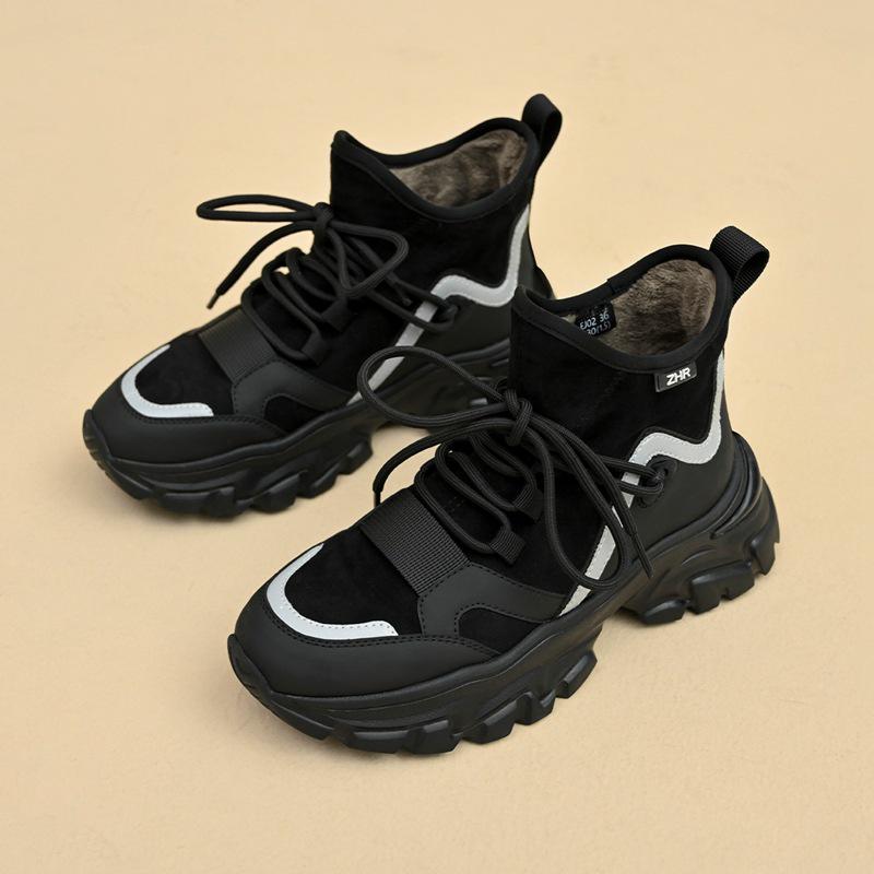 ZHR Women's Warm Velvet Thick-Soled Sneakers, Winter 2023 Casual Black Dad Shoes with Heels