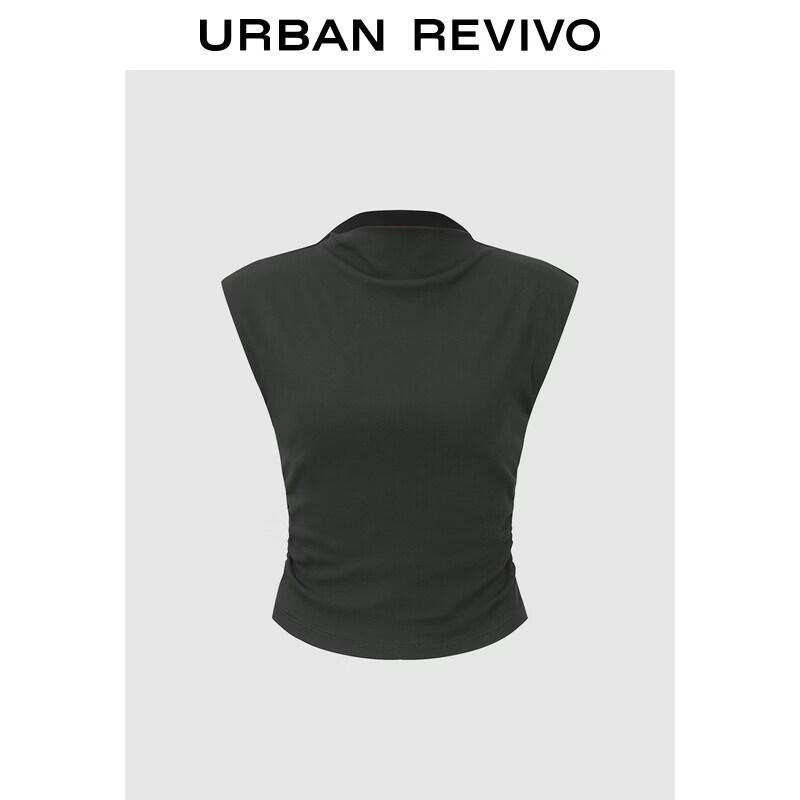 UR Women s Stand-up Collar Sleeveless Pleated Slim Short T-shirt XL темно серый
