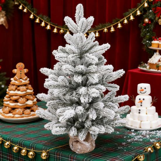 Artificial Mini Christmas Tree Small Xmas Pine Tree with Burlap Base Tabletop Green/Snow Flocked Christmas Tree for Indoor Table Centerpiece