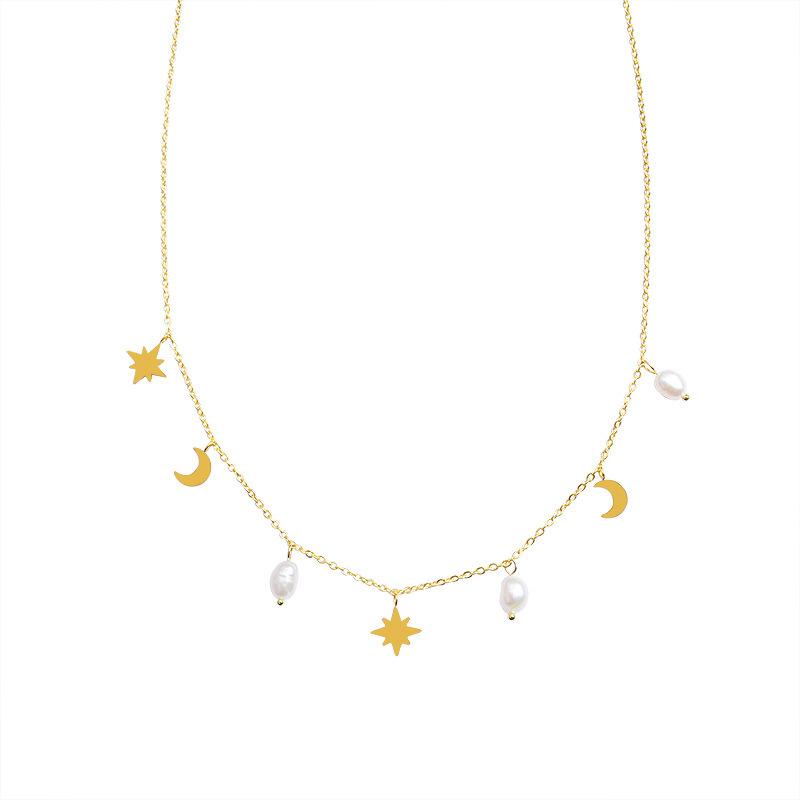 

European and American style versatile star moon natural freshwater pearl fringed collarbone necklace light luxury collarbone neck chain