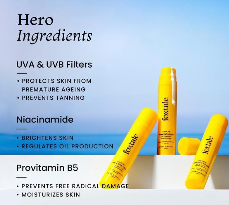 FoxTale Niacinamide Dewy Sunscreen For All Skin Type Spf 70 Pa++++ No White Cast, Non Greasy, Men & Women, 50ml