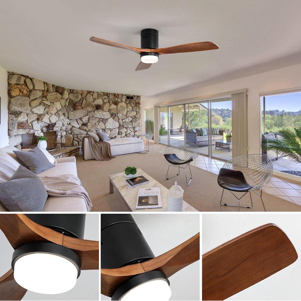 Sofucor 132cm Indoor Ceiling Fan with 3 solid wood blades, silent reversible motor, remote control, including lighting control