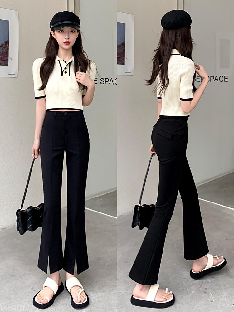 Women's Black High-Waisted Slimming Micro-Flare Pants with Slit - Summer 2025 Collection