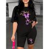 Women's Fashion Round Neck Purple Butterfly Print Casual Short Sleeve Shorts Set
