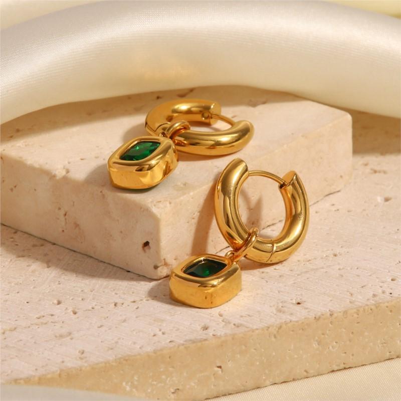 Stainless Steel Green Zircon Drop Hoop Earrings For Women Vintage Luxury Round Earrings Jewelry Accessory