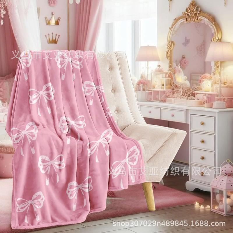 Cute Pink Flannel Blanket Soft Bow Design Nap Air Conditioner Girls
