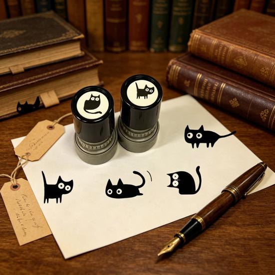 Cute Black Cat Stamp Set Self-Inking Light-Sensitive Stamps for Notebooks Cards Planners Creative DIY Craft Tool for Kids Adults Teacher