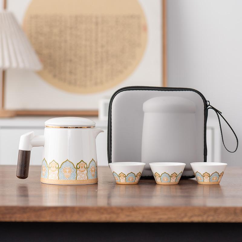 High-end Leather Bag Travel Kung Fu Tea Set Ceramic One Pot Three Four Six Cups Company Commemorative Gift