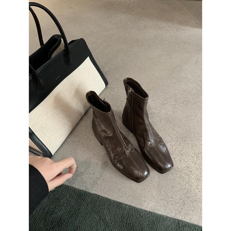 New shrink boots thick horsehide side zipper fashion women s boots washed low heel thin boots 39 коричневый 3930₽