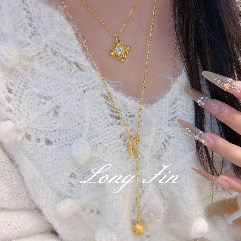 Gold Brushed Ball Necklace, High-End Fine Flash Autumn And Winter Sweater Chain, Women'S Niche Light Luxury
