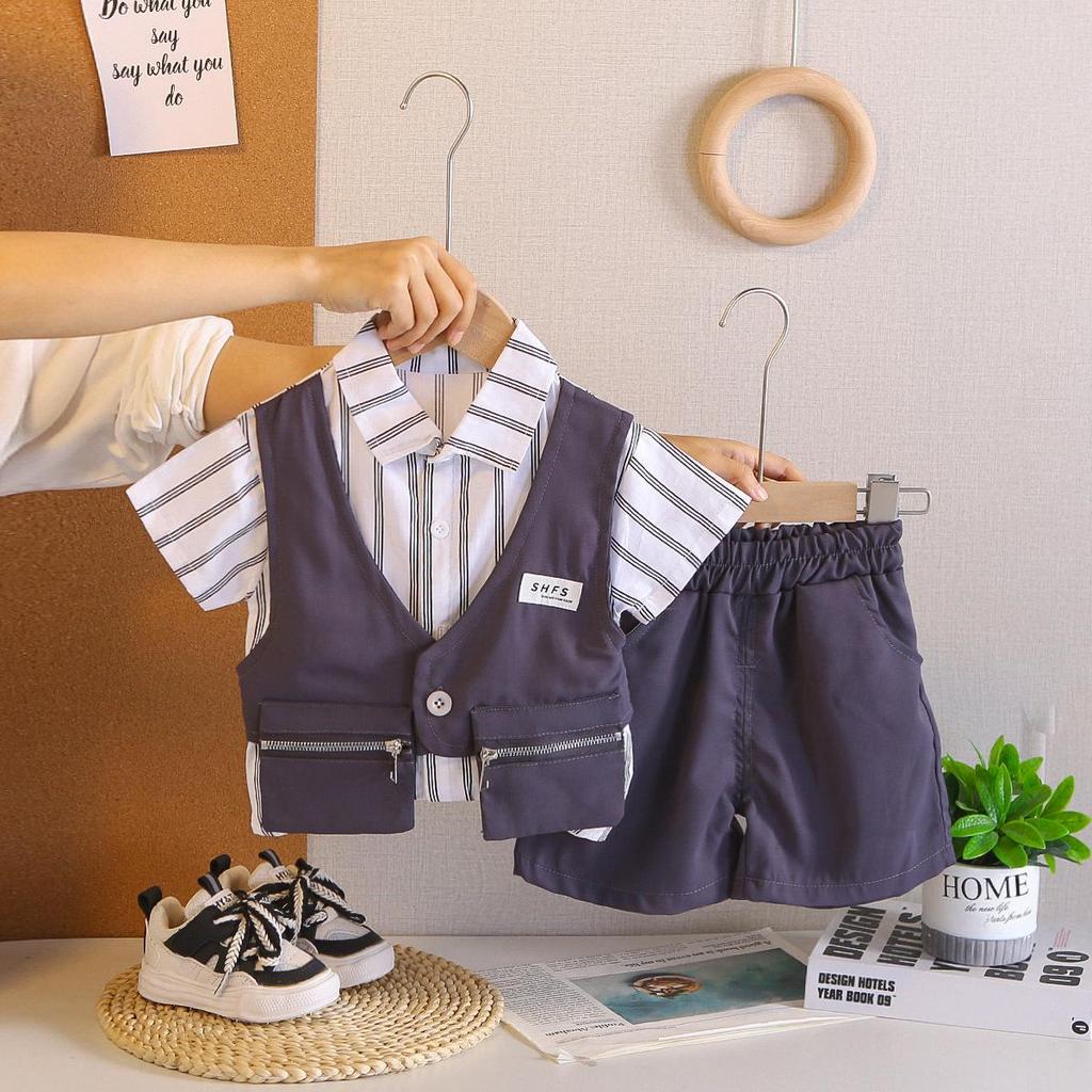 Summer 2026 Boys' Collared Striped Two-Piece Set with Double Zip Pockets