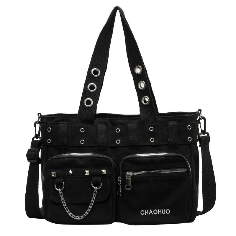 

Canvas Bag Women s Rivet Punk Style Portable Commuter Large-capacity Fashionable Casual Shoulder Support чорний