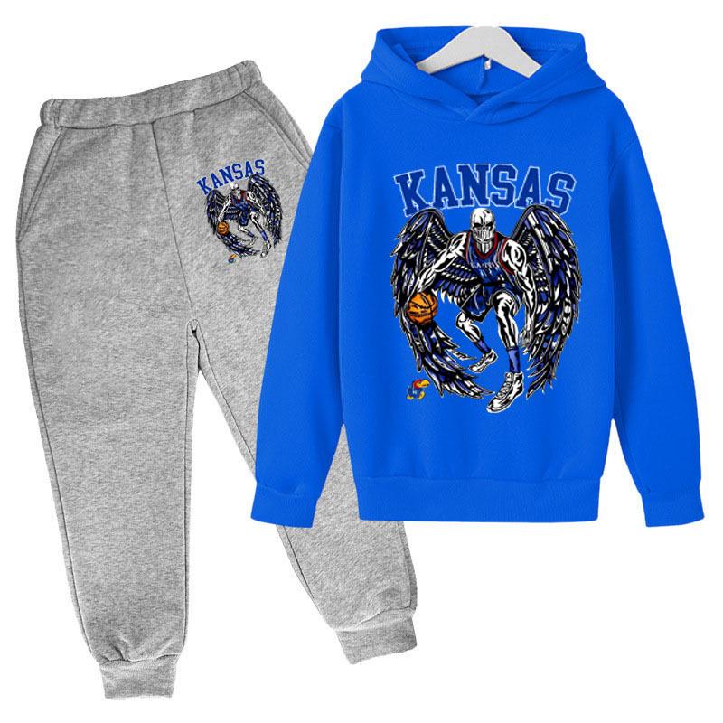 Autumn Winter Kansas Jayhawks Skeleton Winged Basketball Printed Hoodies Sweatpants Set Casual Warm Sports Long Sleeved Pants Men's Sport Wear