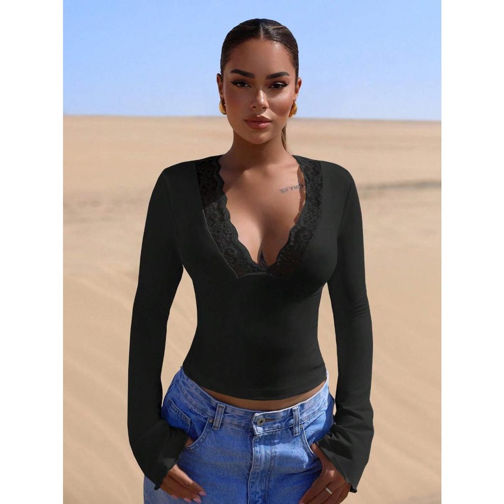 V-neck Lace Patchwork Sexy Spicy Girl Long Sleeved Slim Fit Top Women’s T-shirts