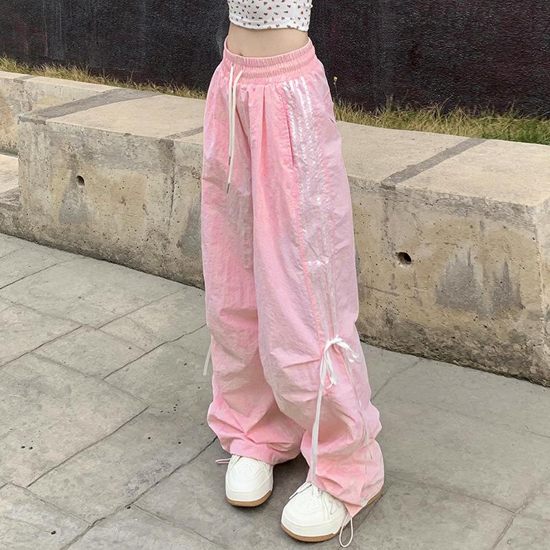Spring and Summer Striped Splicing Lacing Solid Colour High Waist Commuter Casual Slim Women's Pants