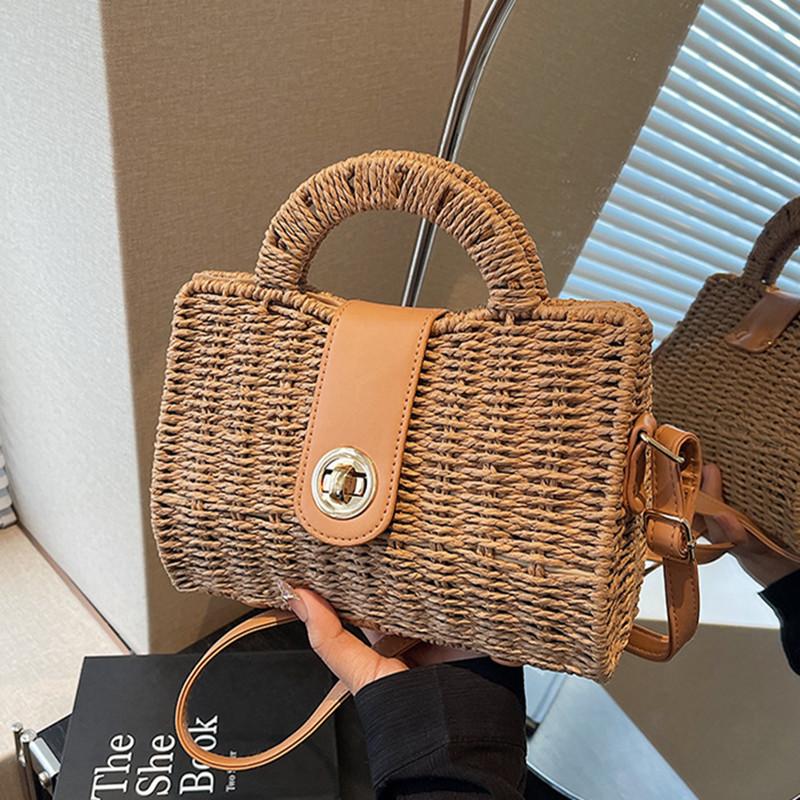 2025 Women Leisure Rattan Tote Box Lady Handbag Trendy Weaving Crossbody Bag Retro Straw Summer Beach Bag Messenger Bag