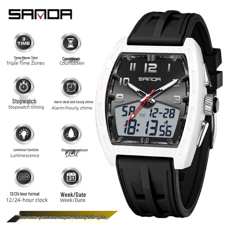 SANDA Men's Waterproof Luminous Sports Watch - Countdown & Multifunctional Barrel-Shaped Electronic Watch with Large Dial