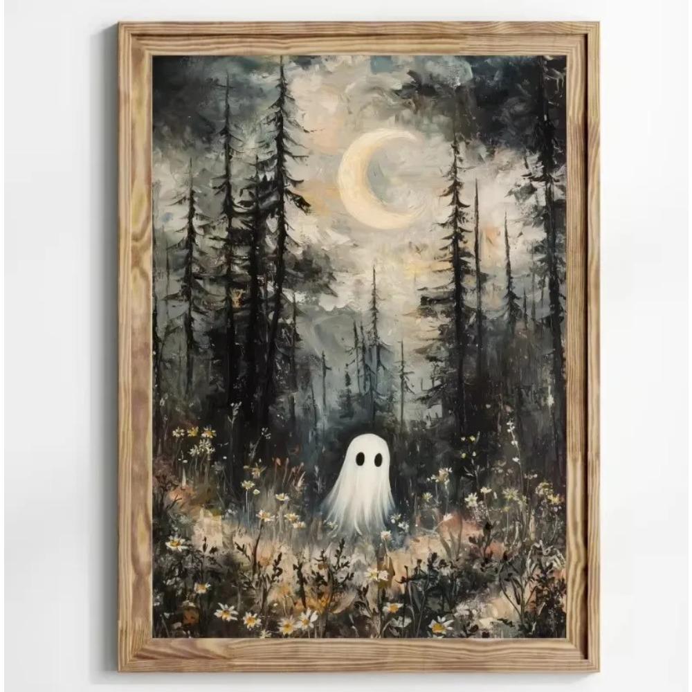Stampa su Poster Foresta Gatto Nero Fantasma Fiori Selvatici Pittura su Tela Zucca Halloween Spettrale Arte Dark Academia Stanza Arredamento Casa