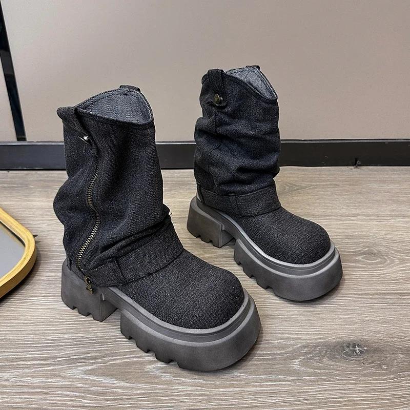 Fashion Chunky Women Blue Denim Short Boots Fashion Slip On Ankle Booties Autumn Winter Female Platform Heel Shoes