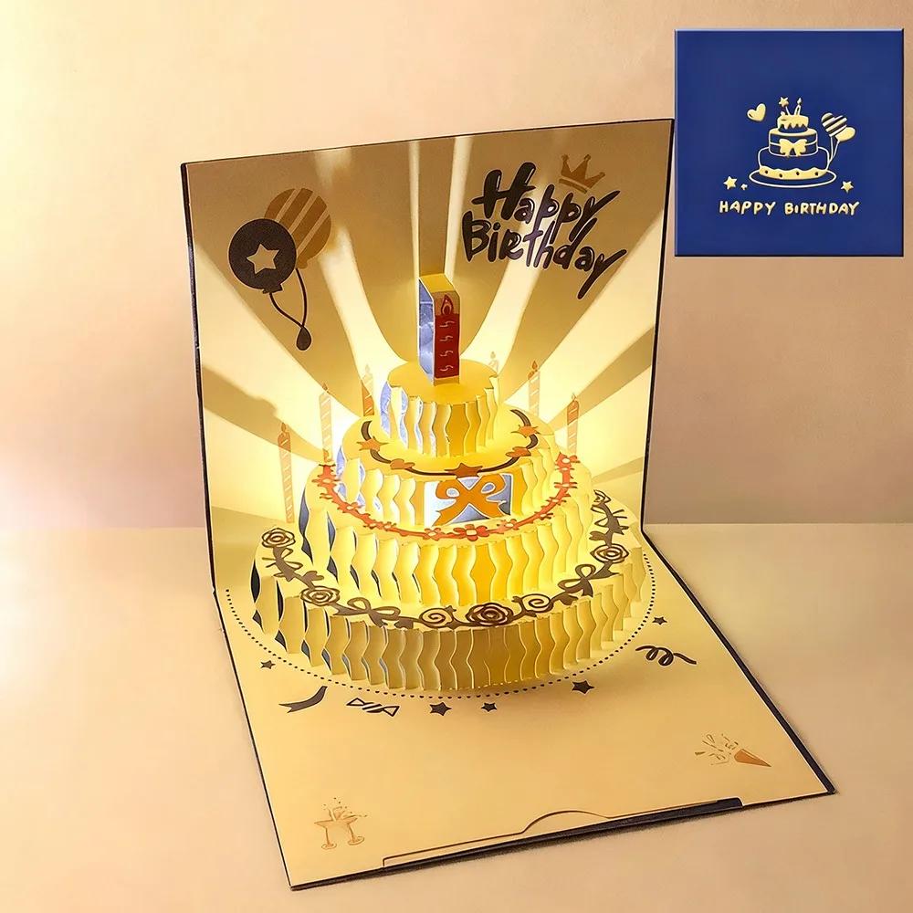 New 3D Happy Birthday Card Four-Layer Birthday Cake with Envelope Musical Light Greeting Card Pop Up Foldable Gift Card