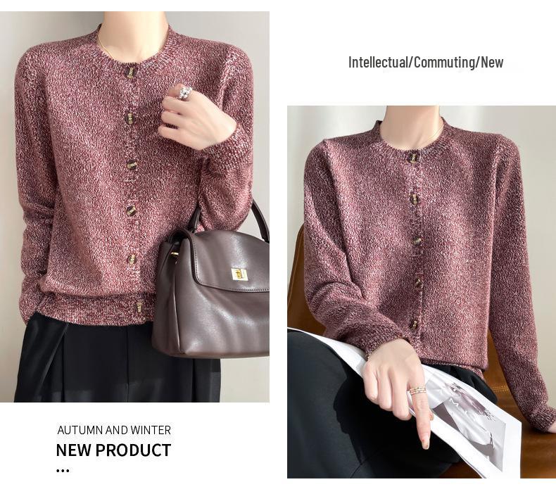 Spring 2025 Retro Velvet Round Neck Knit Cardigan - Space-Dyed Loose Fit for Women