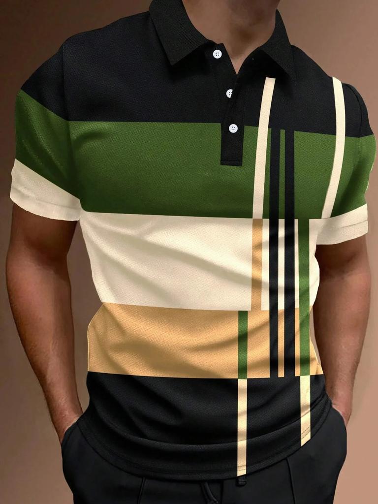 Geometric Striped Short Sleeve Polo Shirt, Stylish Casual Top