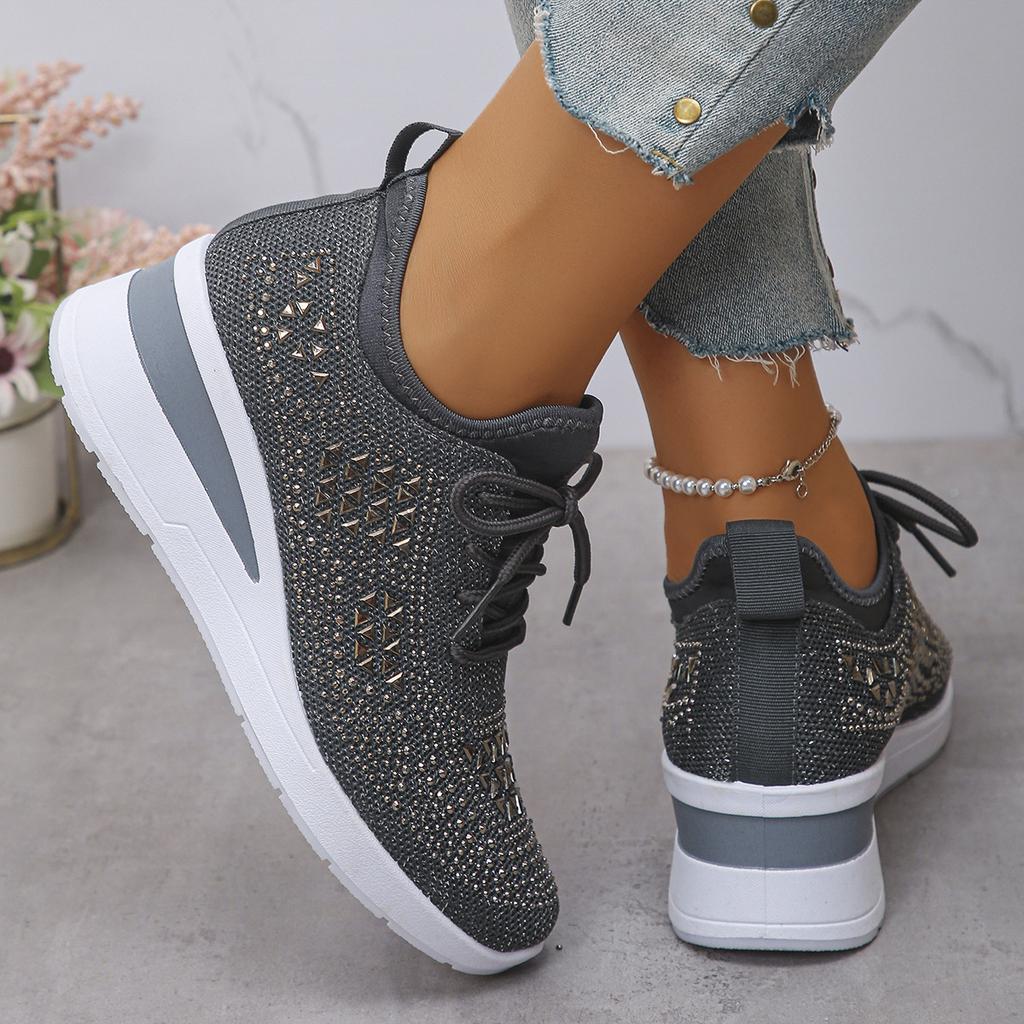 Summer new mesh breathable fly-woven shoes women's large size rhinestone lace-up sports and leisure shoes
