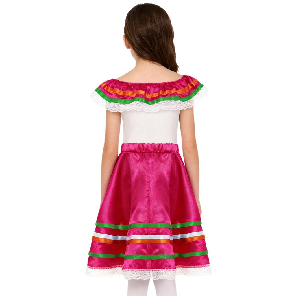 Girls Mexican Dress Set Off Shoulder Ruffled Top Elastic Waistband Lace Ribbon Trim Skirt