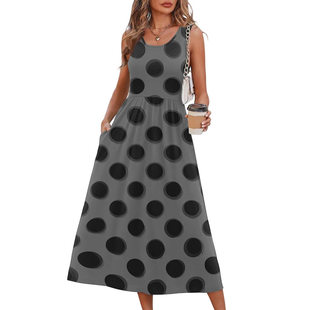 Women's Polka Dot Print Short Sleeve Midi Dress with Pockets for Beach Vacation and Casual Summer Wear