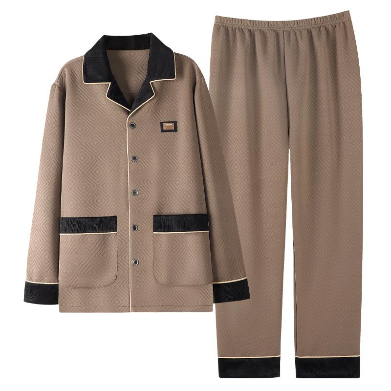 Pajamas Men'S Spring And Autumn Thickened Cotton Long Sleeve Autumn And Winter Air Cotton Padded Dad Winter Sandwich Homewear
