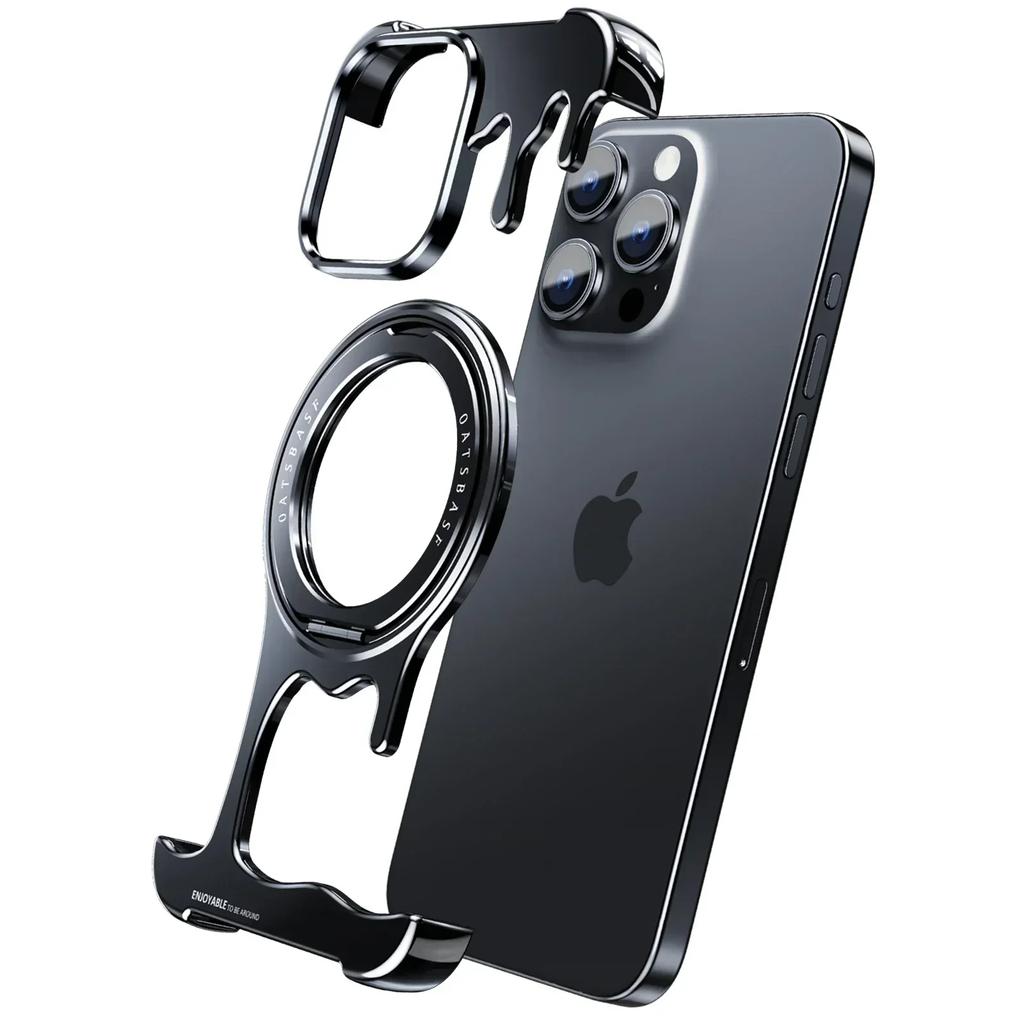 Oatsbasf for iPhone16 Pro/16Pro Max Phone Case Magsafe Metal Phone Cover w/ 360°Rotation Finger Ring Holder Frameless Phone Case
