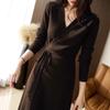 Autumn Winter V-neck Lace-up Slimming Knit Midi Dress - Retro & Versatile