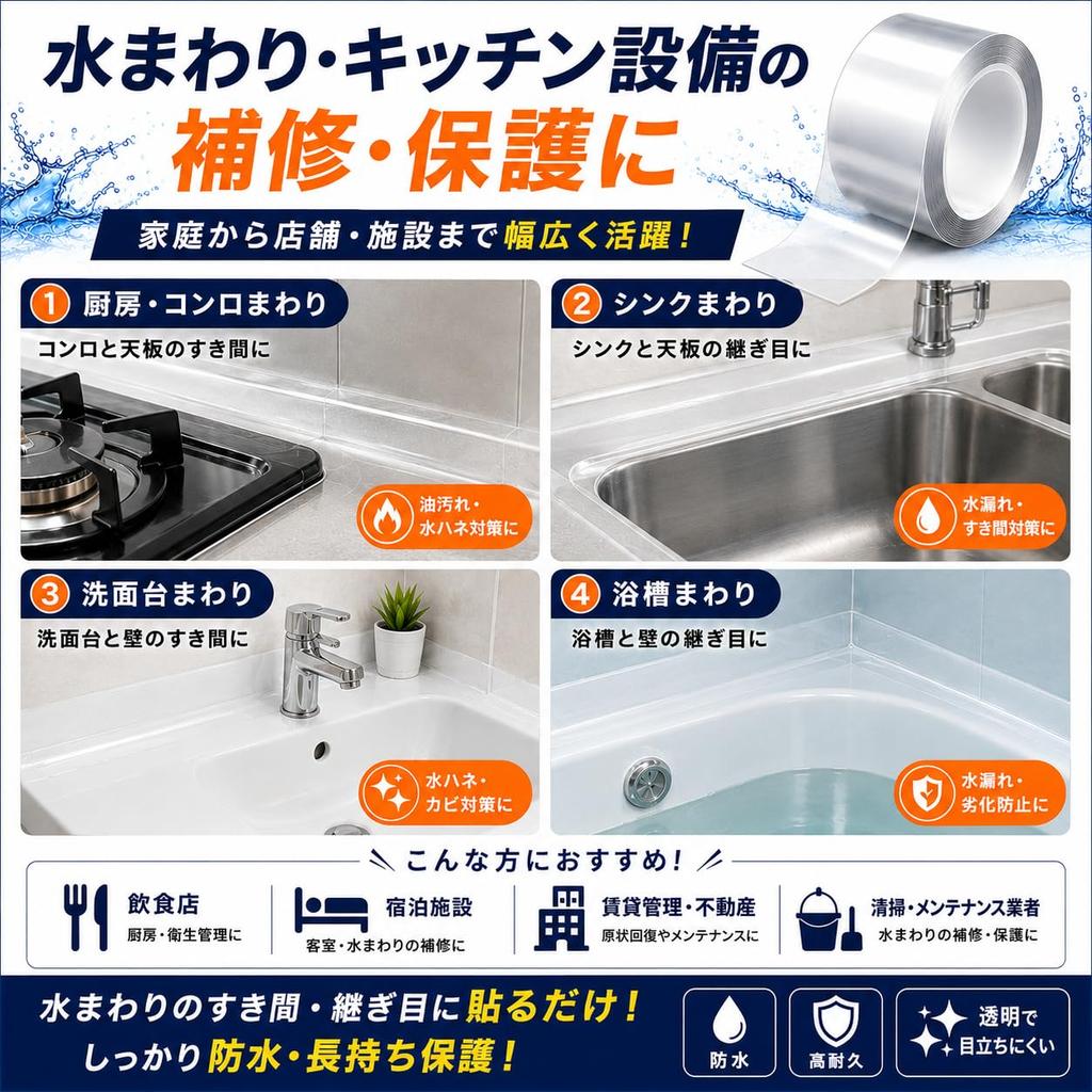 Waterproof Repair Tape for Bathroom Rain Outdoor Commercial 5cm Wide x 10m 1 Roll bath&bath Tape, Strong, Transparent, Leaks, Leaks, Use, Grade, Long,