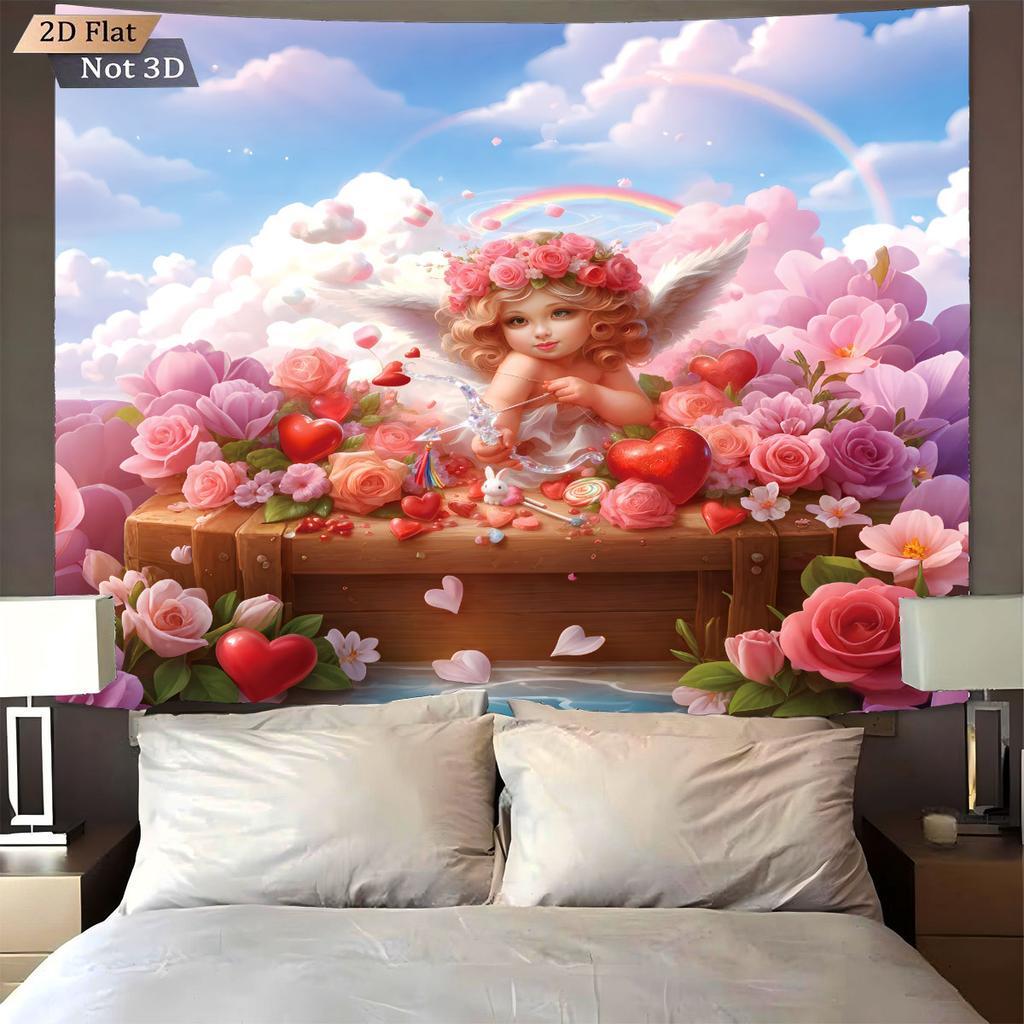 1pc Valentine's Day Romantic Cupid Print Tapestry Living Room Wall Decoration Background Cloth Machine Washable Space Pendant